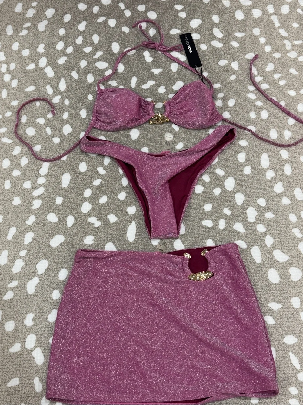 NWT Bikini 3 piece set Follow Me To Paradise Shimmer glitter mini skirt cheeky